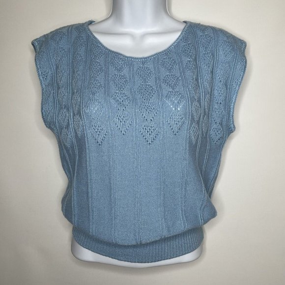 Vintage 80s Keneth Too Baby Blue Pointelle Knit Cap Sleeve Sweater - Picture 1 of 8